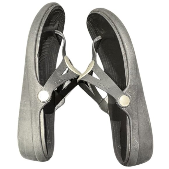 Crocs Sanrah Wedge Sandals‎ Silver Circle Black Flip Flop Slip On Womens Size 10 - Picture 8 of 10